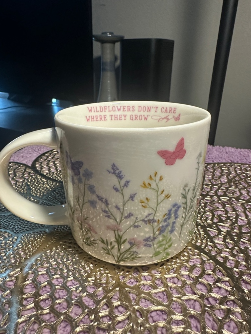 Floral Wildflower Ceramic Mug with Pink Butterfly Accent